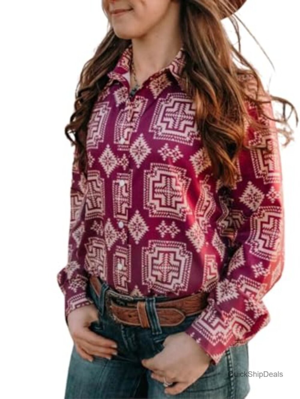 Western Aztec Pearl Snap Button Down Blouse Long Sleeve Cowgirl Top